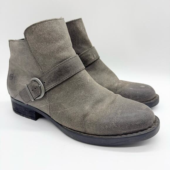 Born Maris Buckle Distressed Ankle Boots Grey Leather Size 9 Office Minimalist - Picture 1 of 11